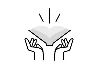 Vector illustration of hand and open book on white color background. Flat line art style design of hand and book