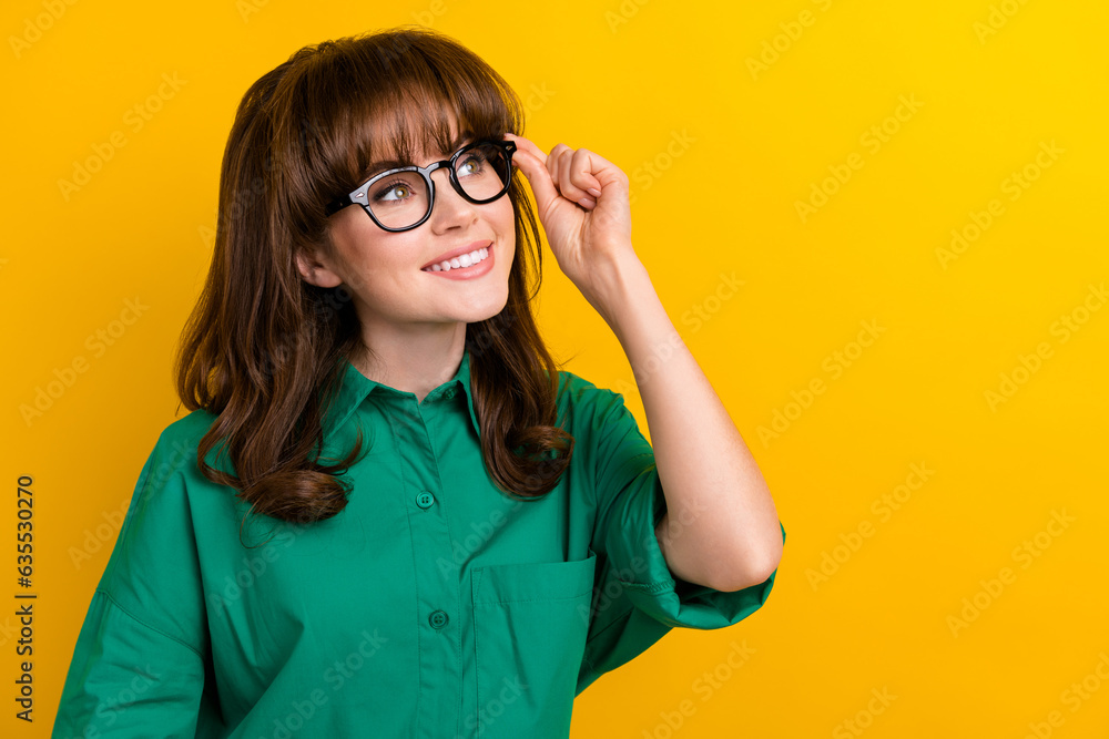 Sticker photo of minded gorgeous girl arm touch glasses look empty space brainstorming isolated on yellow co