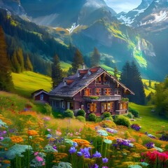 Fototapeta premium swiss alpine hut in the mountains wallpaper by Ai