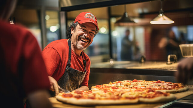 Male chef makes pizza in a restaurant.