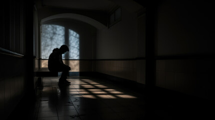 Depressed man in a dark corridor of a building.