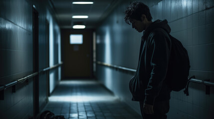 Depressed man in a dark corridor of a building.