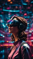 A woman wearing virtual reality glasses