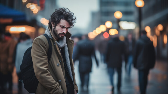 Tired, depressed man on a city street.