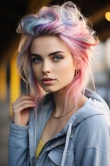 Fototapeta premium Photo of a woman with vibrant colored hair striking a pose for a photo created with Generative AI technology