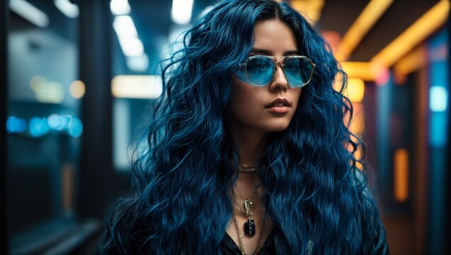 A stylish woman with blue hair and sunglasses
