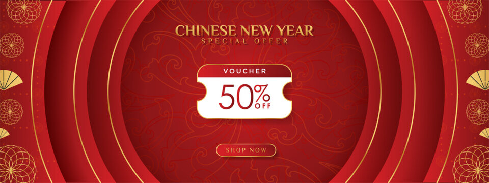 Chinese New Year 50% Discount Voucher Banner with oriental pattern design elements on red gradient background, shop now CTA button. Vector Illustration. EPS 10
