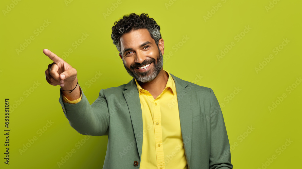 Wall mural middle aged man wearing suit pointing with hand and finger to the side looking at the camera.