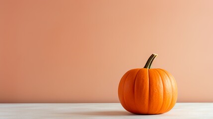 Autumnal pumpkin on a table, soft pastel background, banner, season card. Celebration of harvest, fall, halloween, thanksgiving. Minimalistic pumpkin.