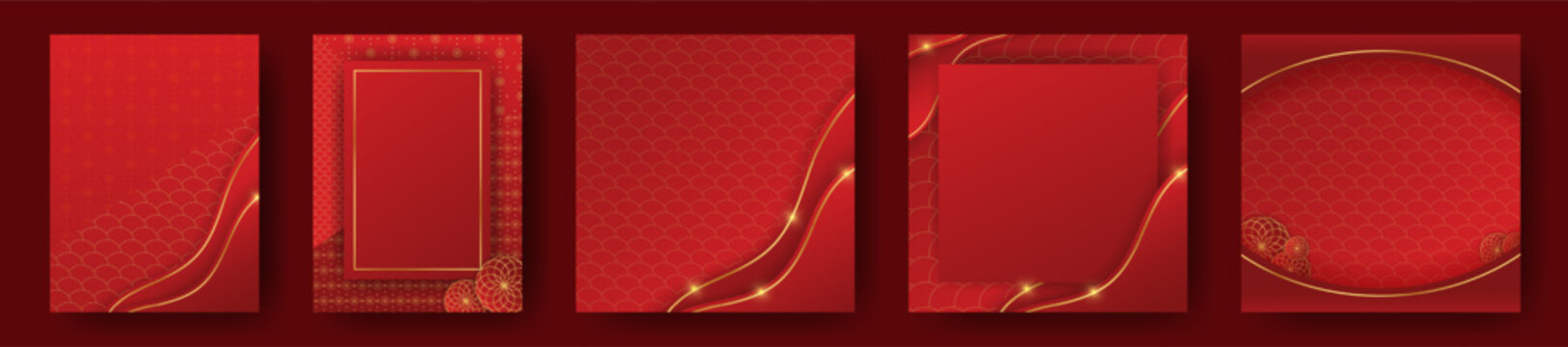 Red and Yellow Lunar New Year Template Design Set. Beautiful oriental background posters, greeting cards, social media card. Blank Chinese New Year layouts. Editable Vector Illustration.

