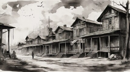 Old west village and damaged wooden houses