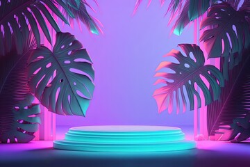 Obraz premium Empty Podium with Round Neon Frame on retro Background color with some leaves. vaporwave vibes for your night party project design.