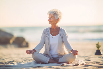 Fototapeta premium Elegant senior woman practicing yoga on a tranquil beach, capturing the grace, serenity, and wellness of an active lifestyle. Generative Ai