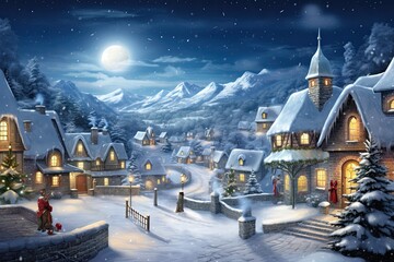 Rustic countryside aglow with moonlit charm, festively decorated houses, and snowy landscape. Concept of tranquil winter night.