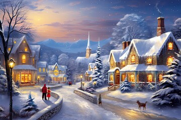 Snowy village nestled under starlit sky with adorned trees, joyful messages, and festive decor. Concept of charming holiday scene.