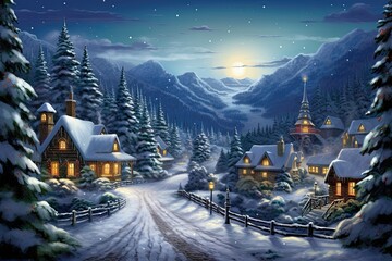 Traditional winter town adorned with sparkling lights, joyful decorations, and heartwarming festive ambiance. Concept of magical holiday celebration.
