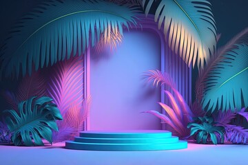 Empty Podium with Round Neon Frame on retro Background color with some leaves. vaporwave vibes  for your night party project design.