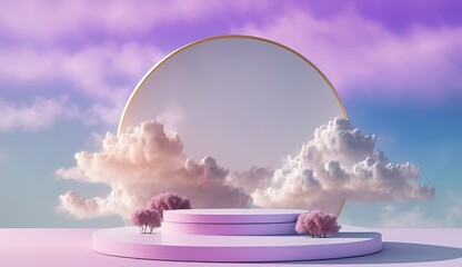 Surreal podium outdoor on blue sky pink gold pastel soft clouds with space and heaven concept by ai generative