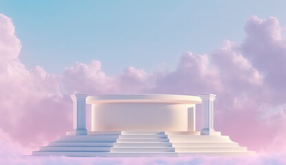 Surreal podium outdoor on blue sky pink gold pastel soft clouds with space and heaven concept by ai generative