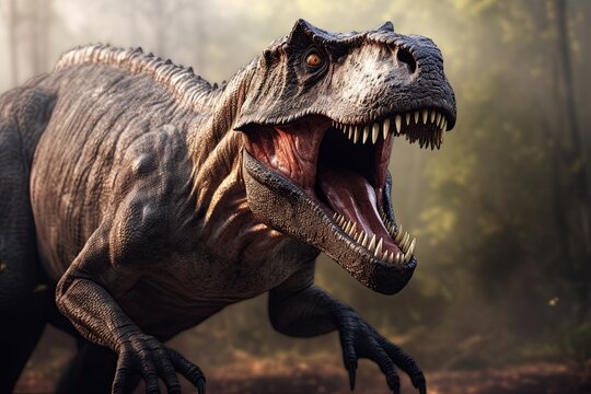 Roaring Tyrannosaurus Rex in forest. animatronic exhibit, history and nature attraction. Concept of prehistoric wonder.