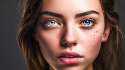 Close-up portrait of a young woman with clean skin looking directly into the lens on a light background.