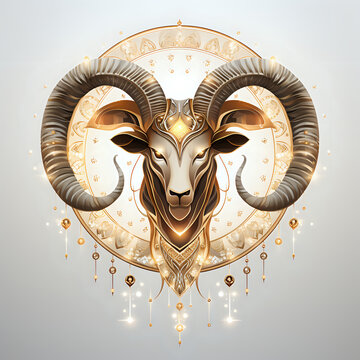 Aries zodiac sign symbol in ideal clear circle image on white background, gold colors, decoration lines and sparkles
