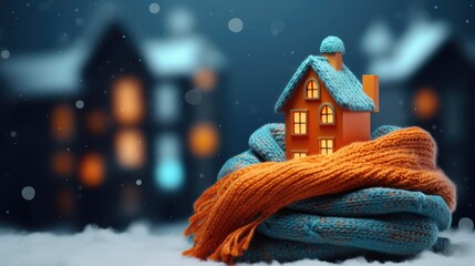House with knitted scarf, symbol for heating system or cold snowy winter. Heating season, warm up, protect concept created with Generative AI technology