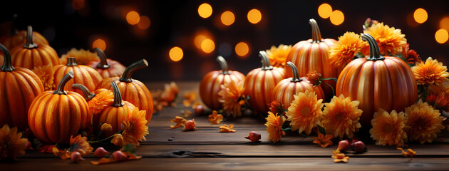 Harvest Radiance - Pumpkins and Orange Color Flowers on Wooden Floor for Autumn Season Greetings and Celebrations