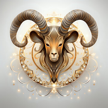 Aries zodiac sign symbol in ideal clear circle image on white background, gold colors, decoration lines and sparkles