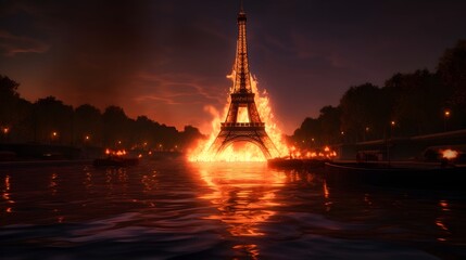 eiffel tower at night on fire generative art