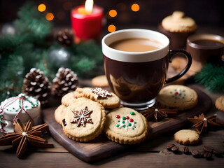 Obraz na płótnie Canvas Handmade christmas cookies and coffee xmas holiday food for christmas eve, Generative AI