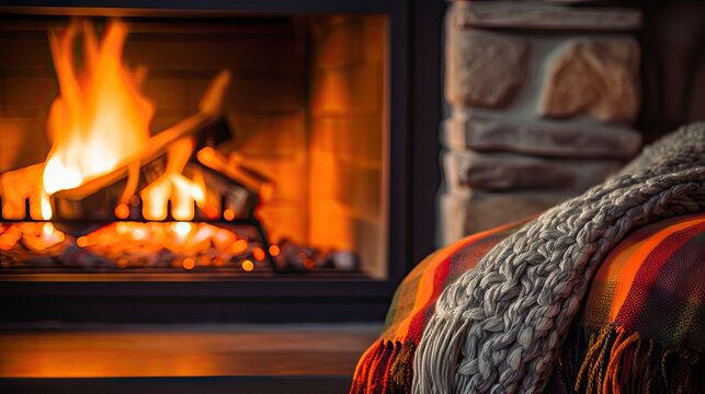 Living room with woolen blanket in a cozy living room with fireplace. Cozy winter day. created with Generative AI technology