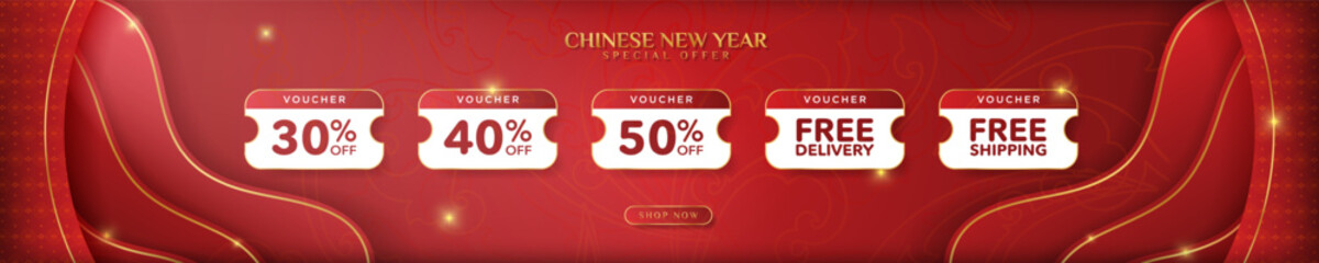 Five Chinese New Year Discount and Free Delivery Shipping Vouchers. Chinese New Year Voucher discount template with shop now button. Vector Illustration. EPS 10
 - obrazy, fototapety, plakaty