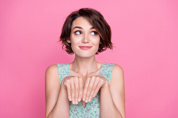 Portrait of cute posing young model girlfriend hands bunny looking empty space dreams want become...