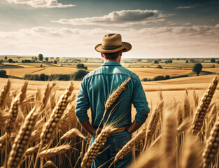farmer in wheat field - obrazy, fototapety, plakaty