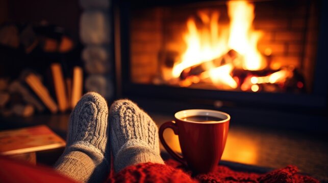 Mug with hot tea standing on a table with woolen blanket in a cozy living room with fireplace. Cozy winter day. created with Generative AI technology