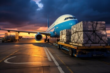 Global logistic. Airplane and parcel box, Concept of air delivery shipping. Generative AI.