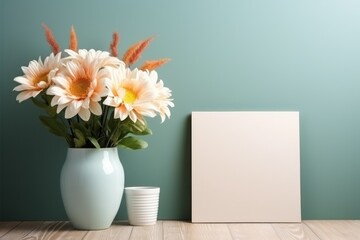 Photo frame mockup background with sun flower and white card inside. Generative AI.