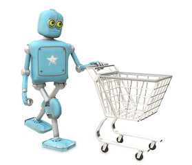 Retro robot moving empty shopping cart, 3D video render cartoon style