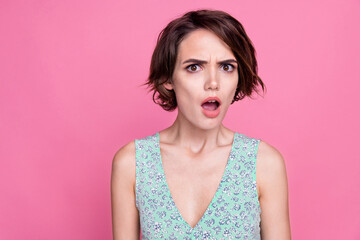 Portrait of funny young lady staring confused reaction open mouth shocked unbelievable wear stylish top isolated on pink color background