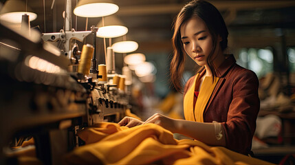 Asain young female seamstress working in textile factory and sewing fabric. Generative Ai