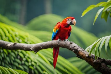 Red parrot Scarlet Macaw, Ara macao, bird sitting on the branch, Costa rica. Wildlife scene from tropical forest. Beautiful parrot on tree green tree in nature habitat. - Powered by Adobe