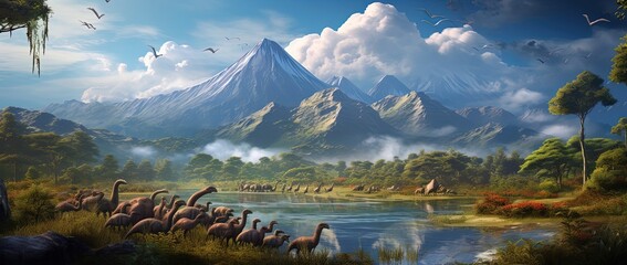 Fototapeta premium realistic dinasours with mountain background