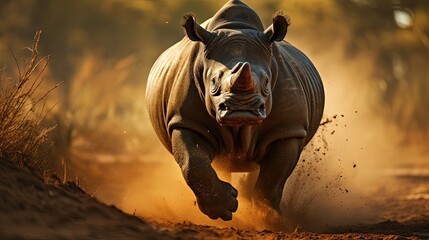 Rhino Running In Savannah