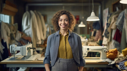 Portrait of Happy female designer of clothes standing by sewing machine in atelier. Generative Ai
