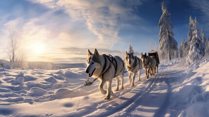 Sled dog Siberian husky is driving a sled through a winter snow-covered forest created with Generative AI technology