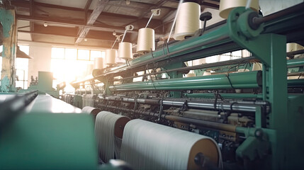 Naklejka premium Interior of garment factory shop. Sewing factory. Tailoring industry.