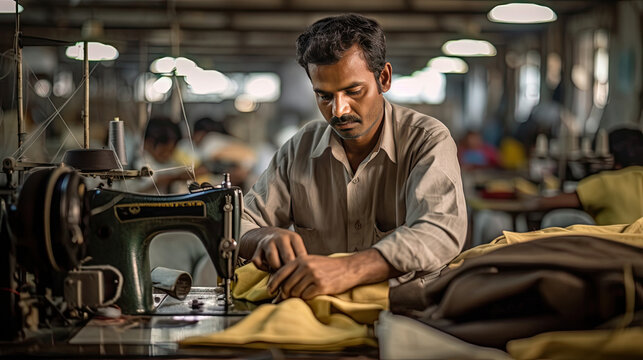 A Tailor working in a sports goods manufacturer factory in India. Generative Ai