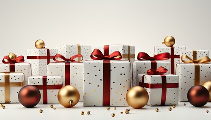 Christmas gifts and Christmas ornamental balls with copy space for Christmas greetings and new year greetings. Ai generated