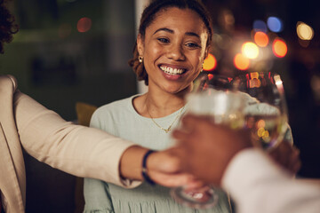 Dinner party, happy woman or friends toast alcohol for birthday support, congratulations or group...